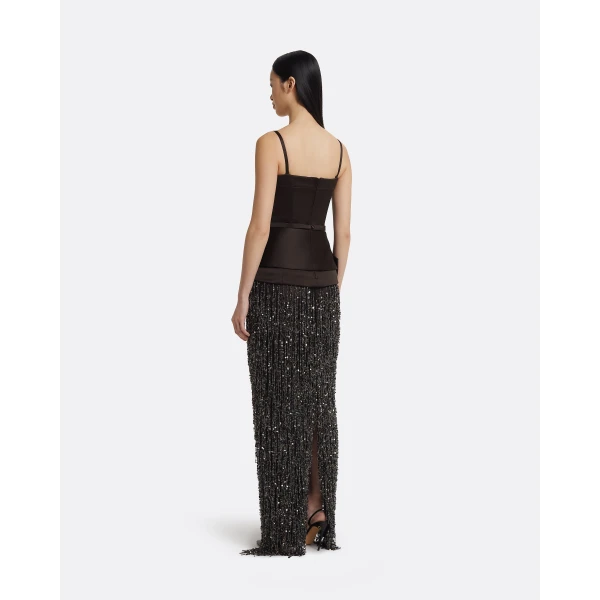 Sorai Long Dress In Peat Brown On Black by Safiyaa ‚Äì luxury dresses in Black available at Luxury Shoes 