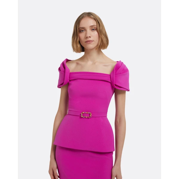 Thalia Top In Pompeii With Embellished Belt by Safiyaa ‚Äì luxury tops in Pink available at Luxury Shoes 