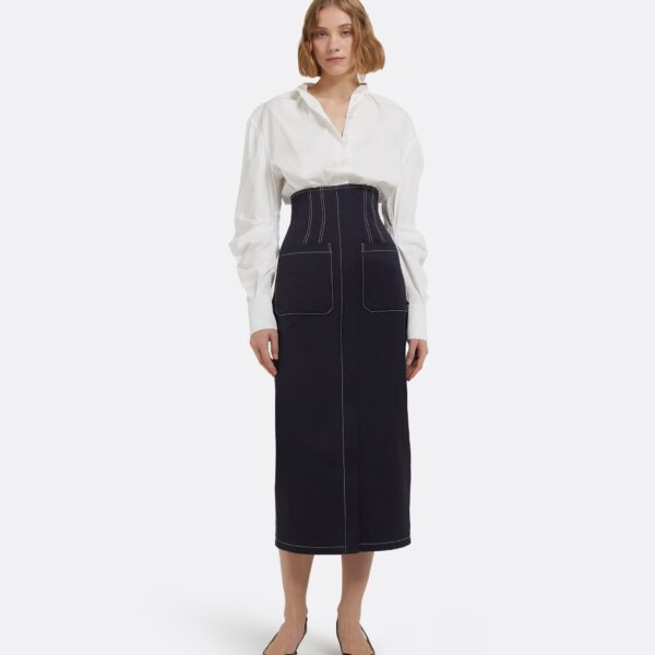 Weatherly Midi Dress In Ivory And Midnight Navy by Safiyaa ‚Äì luxury dresses in Blue available at Luxury Shoes 