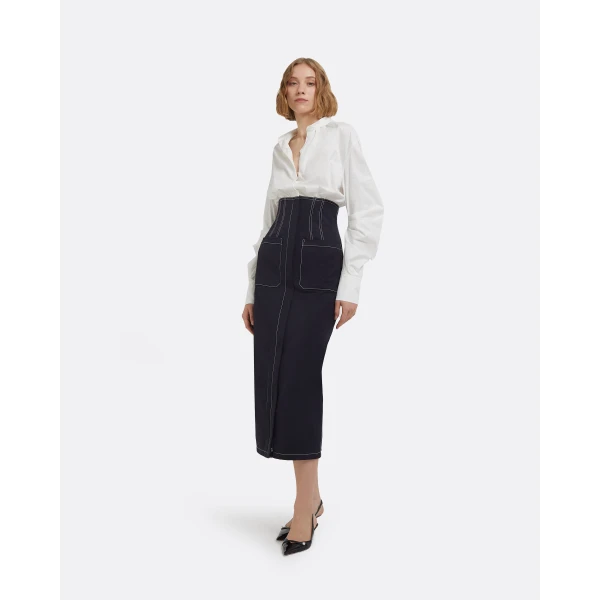 Weatherly Midi Dress In Ivory And Midnight Navy by Safiyaa ‚Äì luxury dresses in Blue available at Luxury Shoes 