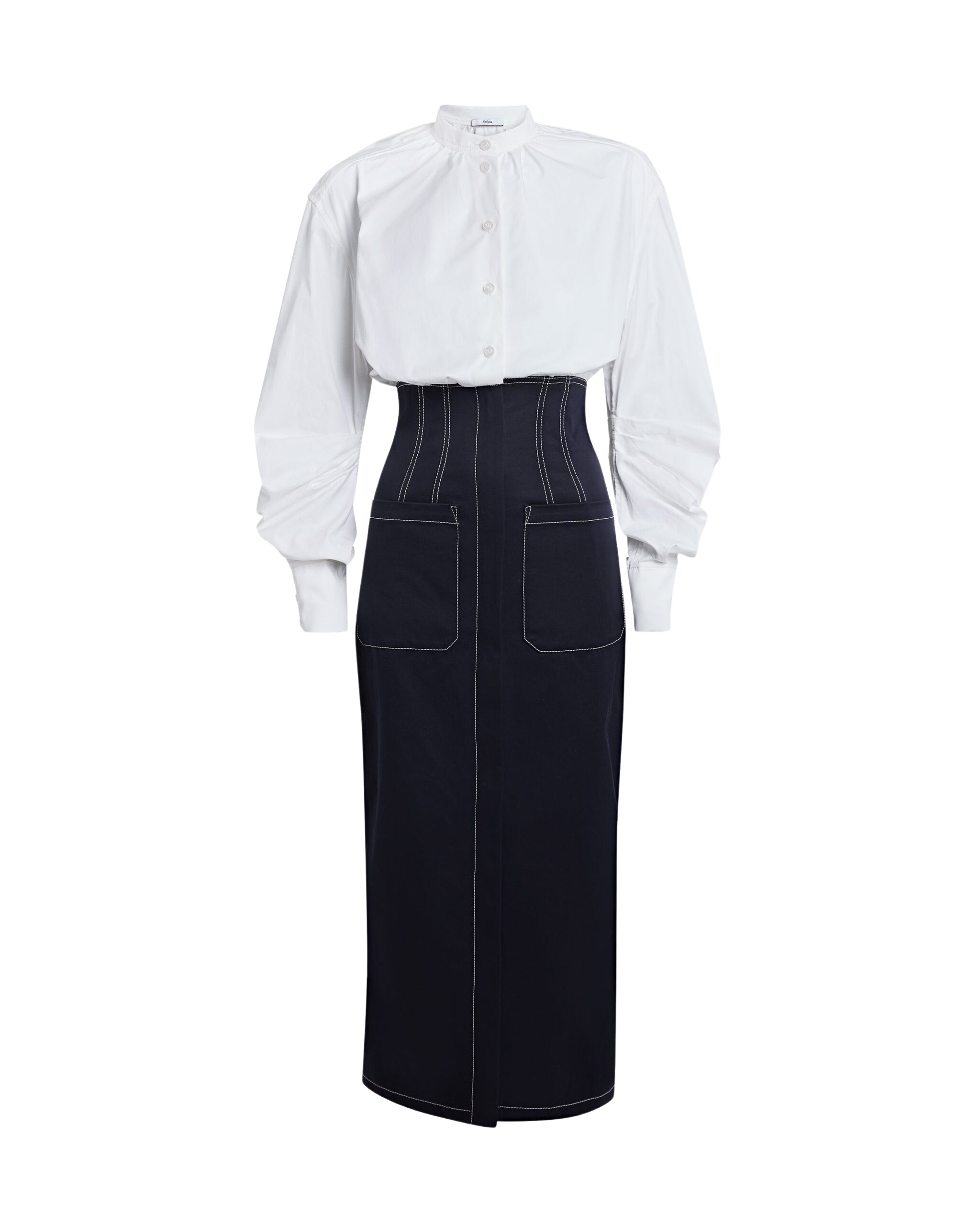 Safiyaa Weatherly Midi Dress In Ivory And Midnight Navy