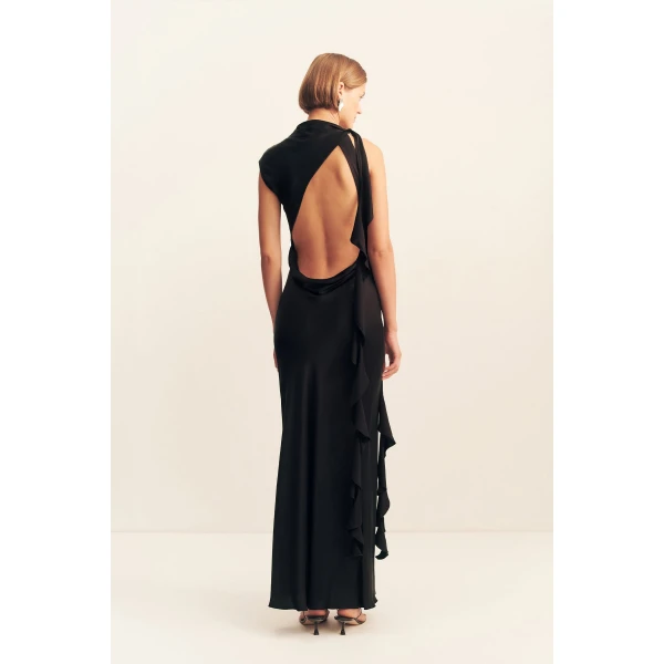 Draped maxi dress with ruffle details in black in a LENZING ™ ECOVERO ™ Viscose with a luxurious matte finish.