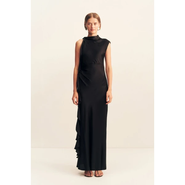 Draped maxi dress with ruffle details in black in a LENZING ™ ECOVERO ™ Viscose with a luxurious matte finish.