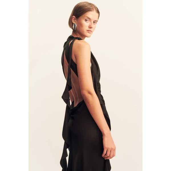 Draped maxi dress with ruffle details in black in a LENZING ™ ECOVERO ™ Viscose with a luxurious matte finish.