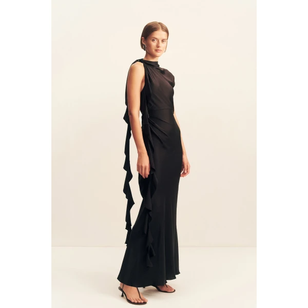 Draped maxi dress with ruffle details in black in a LENZING ™ ECOVERO ™ Viscose with a luxurious matte finish.