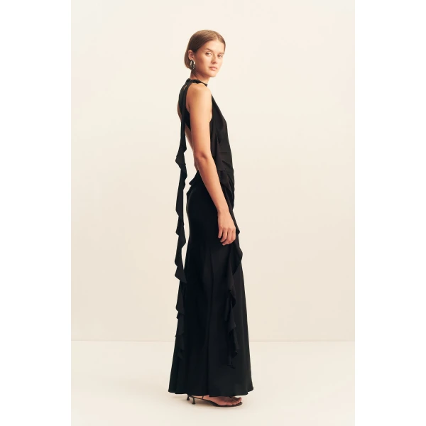 Draped maxi dress with ruffle details in black in a LENZING ™ ECOVERO ™ Viscose with a luxurious matte finish.