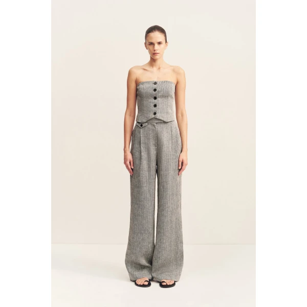 High waisted tailored pant with coin pocket detail in a herringbone pure linen.