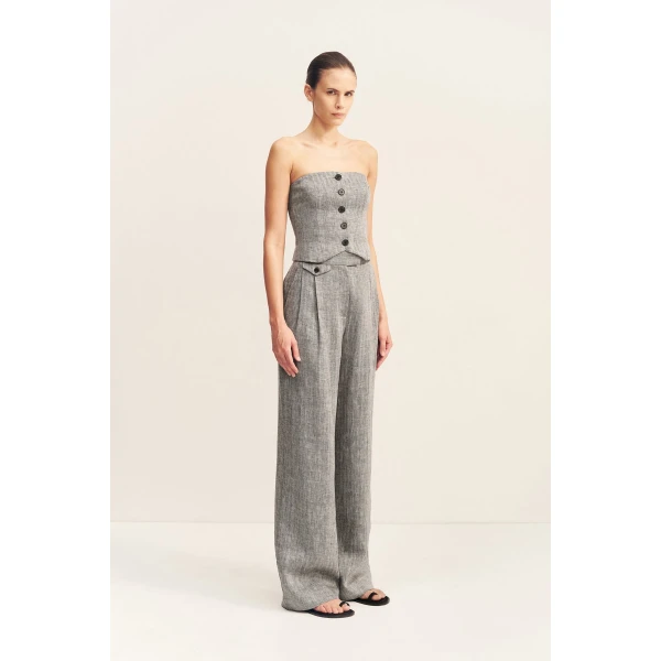 High waisted tailored pant with coin pocket detail in a herringbone pure linen.