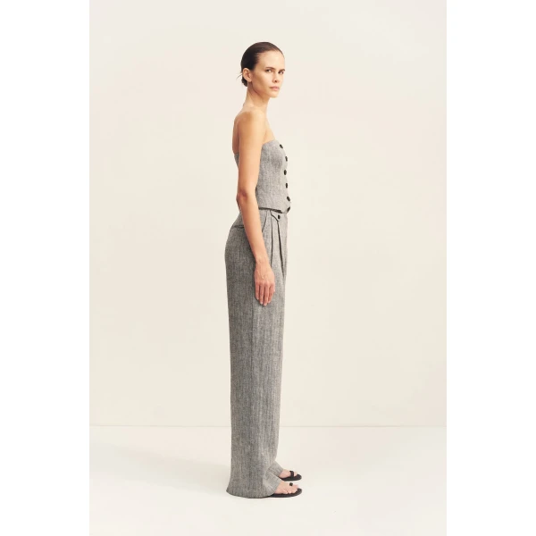 High waisted tailored pant with coin pocket detail in a herringbone pure linen.