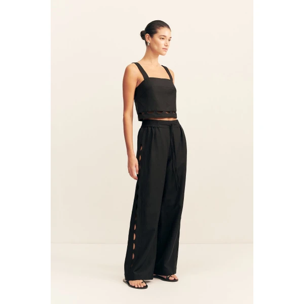 Elasticated pant with scallop cut out detail in black in a premium linen blend.