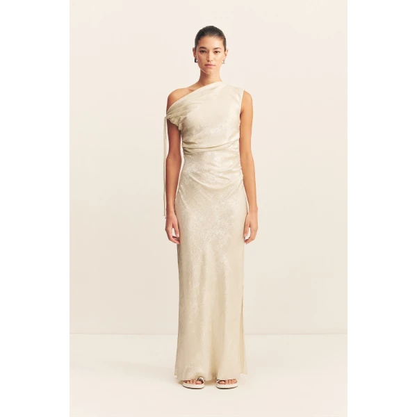 Asymmetrical gathered maxi dress in bubbly in a lightweight metallic foil.