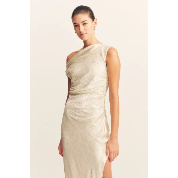 Asymmetrical gathered maxi dress in bubbly in a lightweight metallic foil.