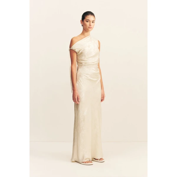 Asymmetrical gathered maxi dress in bubbly in a lightweight metallic foil.