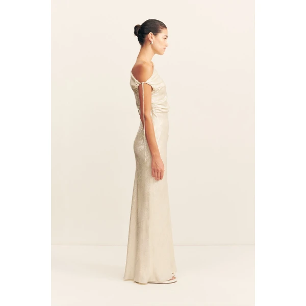 Asymmetrical gathered maxi dress in bubbly in a lightweight metallic foil.