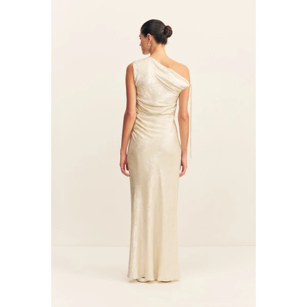 Asymmetrical gathered maxi dress in bubbly in a lightweight metallic foil.
