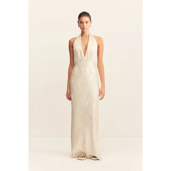 Plunged halter neck maxi dress in bubbly in a lightweight metallic foil.