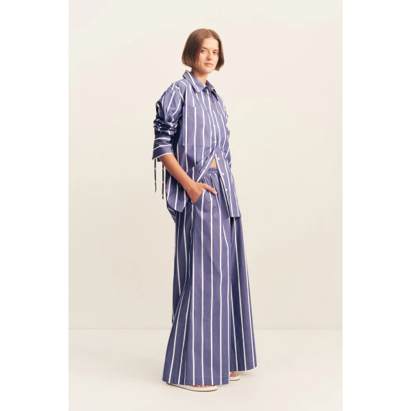 Wide leg pant in chambray blanc in a premium striped cotton.
