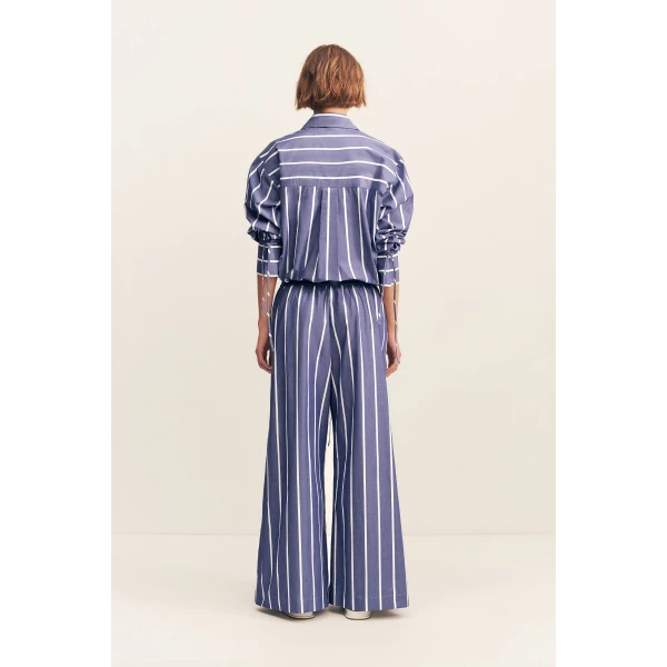 Wide leg pant in chambray blanc in a premium striped cotton.