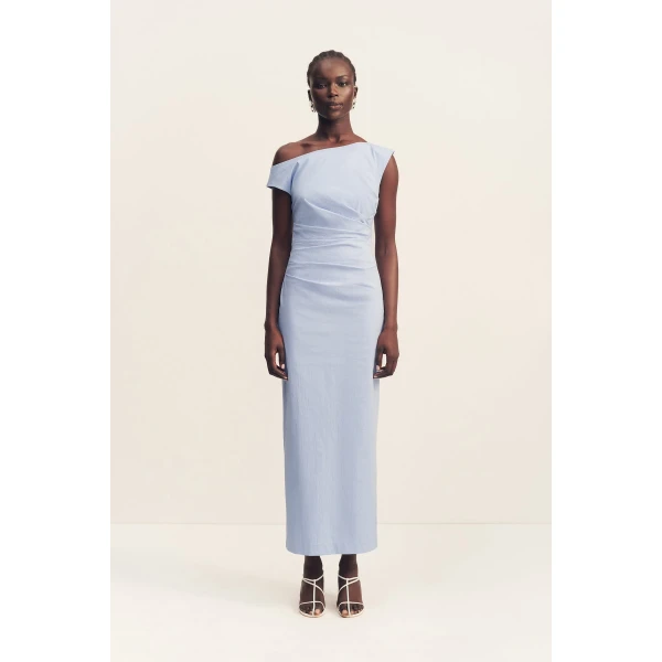Off shoulder maxi dress in cornflower blue in a premium stretch cotton blend.