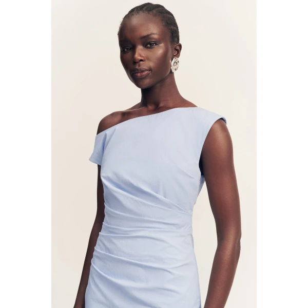 Off shoulder maxi dress in cornflower blue in a premium stretch cotton blend.