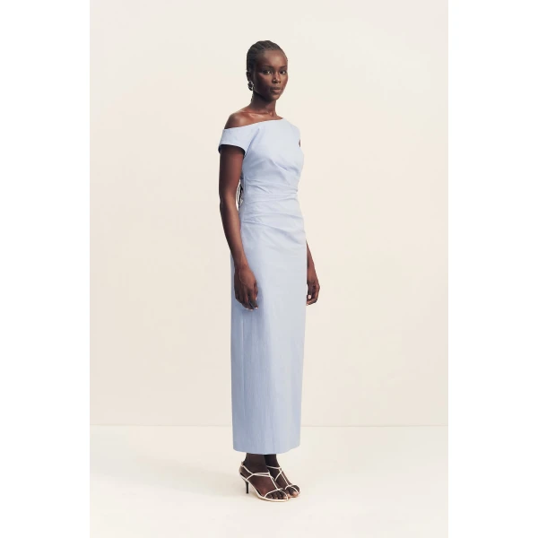 Off shoulder maxi dress in cornflower blue in a premium stretch cotton blend.
