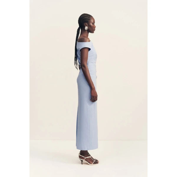 Off shoulder maxi dress in cornflower blue in a premium stretch cotton blend.