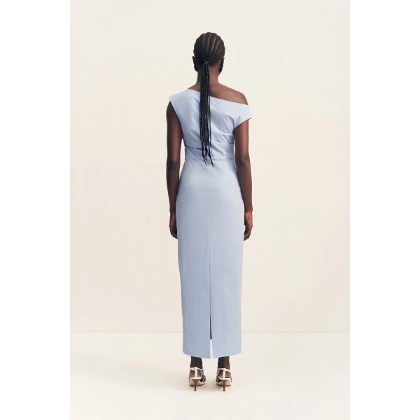 Off shoulder maxi dress in cornflower blue in a premium stretch cotton blend.