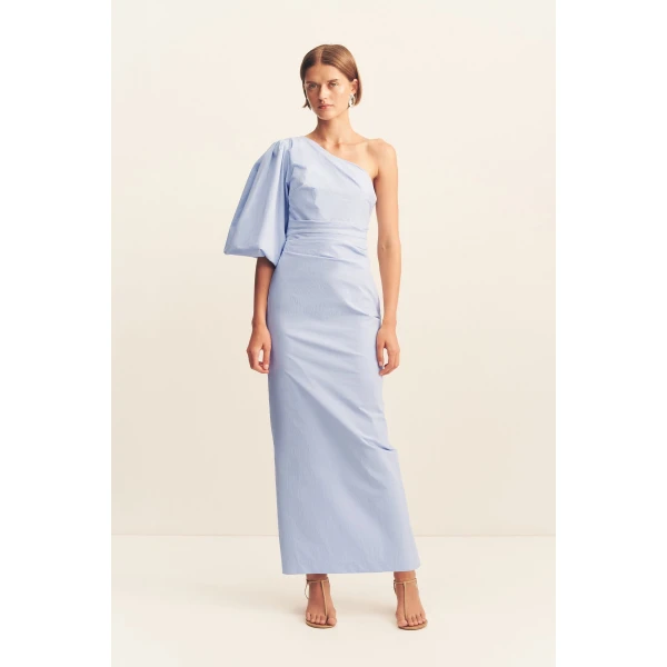 One shoulder balloon sleeve maxi dress in cornflower blue in a premium stretch cotton blend.