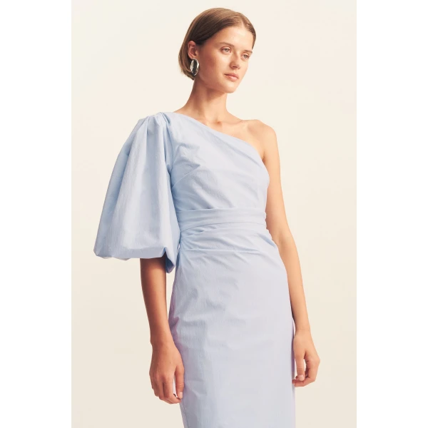 One shoulder balloon sleeve maxi dress in cornflower blue in a premium stretch cotton blend.