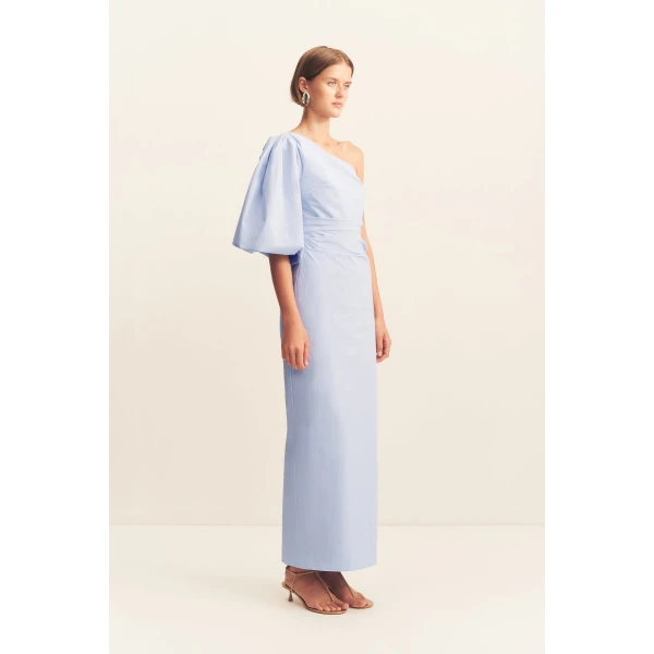 One shoulder balloon sleeve maxi dress in cornflower blue in a premium stretch cotton blend.