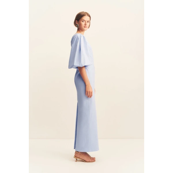 One shoulder balloon sleeve maxi dress in cornflower blue in a premium stretch cotton blend.