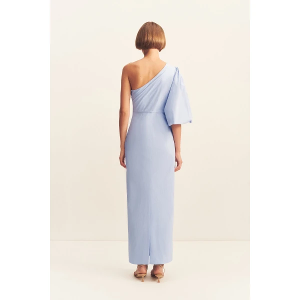 One shoulder balloon sleeve maxi dress in cornflower blue in a premium stretch cotton blend.