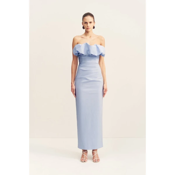 Strapless bubble maxi dress in cornflower blue in a premium stretch cotton blend.