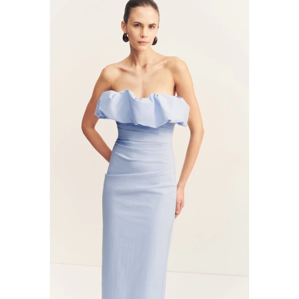 Strapless bubble maxi dress in cornflower blue in a premium stretch cotton blend.