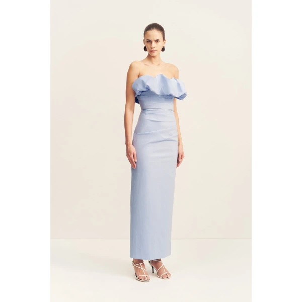 Strapless bubble maxi dress in cornflower blue in a premium stretch cotton blend.