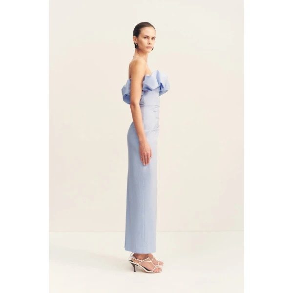 Strapless bubble maxi dress in cornflower blue in a premium stretch cotton blend.