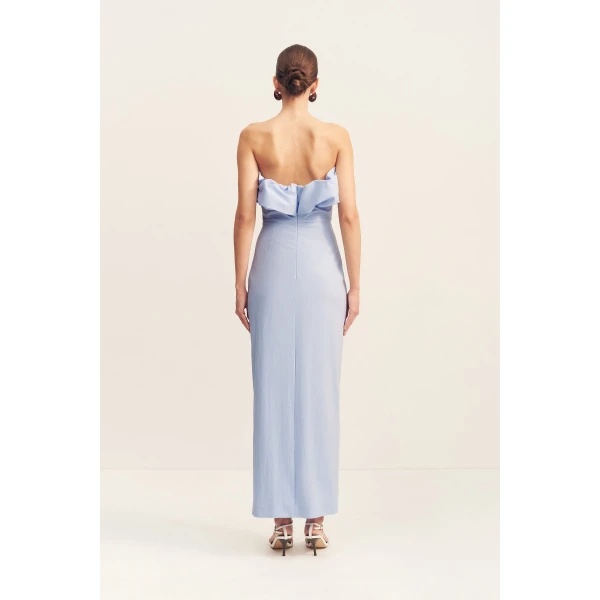 Strapless bubble maxi dress in cornflower blue in a premium stretch cotton blend.