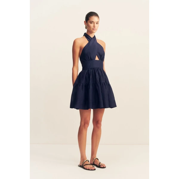 Halter tiered mini dress in midnight in a premium sheer Linen TENCEL™ blend.