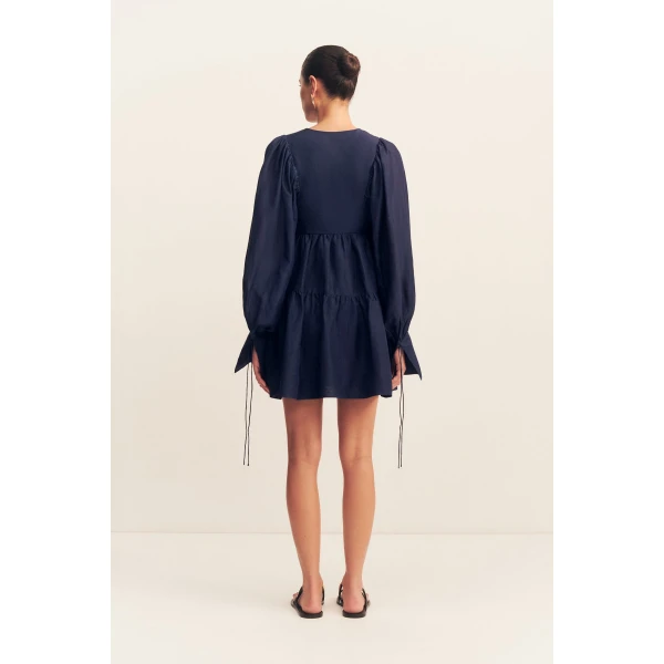 Long sleeve tiered mini dress in midnight in a premium sheer Linen TENCEL™ blend.