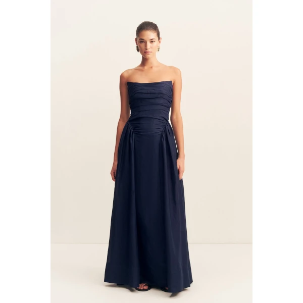 Strapless panelled maxi dress in midnight in a premium sheer Linen TENCEL™ blend.