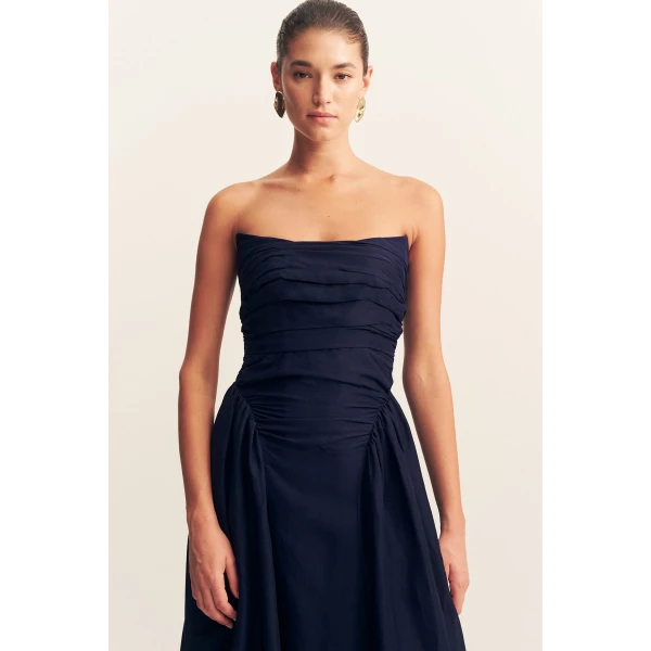 Strapless panelled maxi dress in midnight in a premium sheer Linen TENCEL™ blend.
