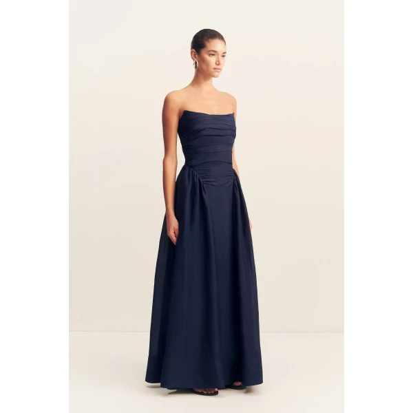Strapless panelled maxi dress in midnight in a premium sheer Linen TENCEL™ blend.
