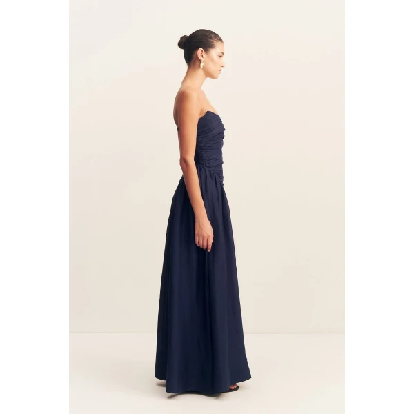 Strapless panelled maxi dress in midnight in a premium sheer Linen TENCEL™ blend.