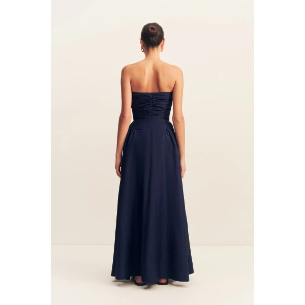 Strapless panelled maxi dress in midnight in a premium sheer Linen TENCEL™ blend.