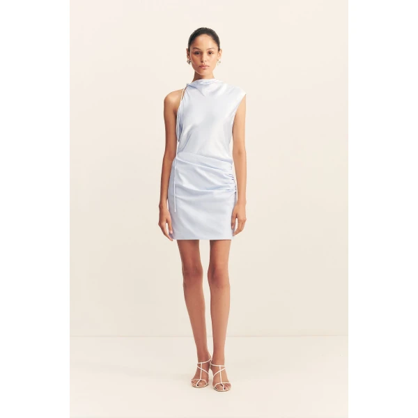 Contrast draped cowl mini dress in seabreeze in a premium stretch cotton blend contrasted with a satin finish LENZING™ ECOVERO™.