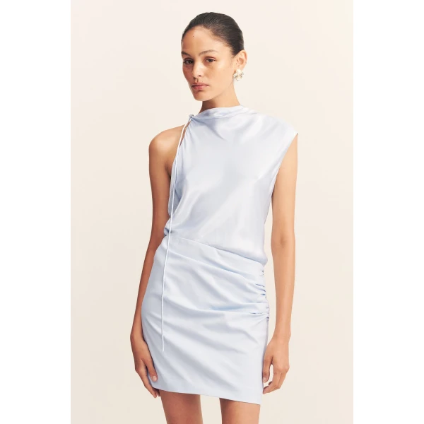 Contrast draped cowl mini dress in seabreeze in a premium stretch cotton blend contrasted with a satin finish LENZING™ ECOVERO™.