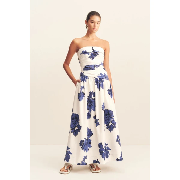 Strapless draped maxi dress in the floral midnight wallpaper print in an organic cotton poplin.