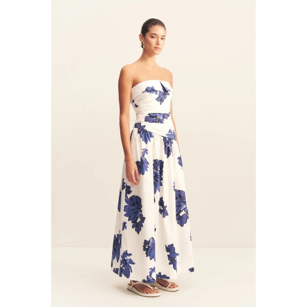 Strapless draped maxi dress in the floral midnight wallpaper print in an organic cotton poplin.