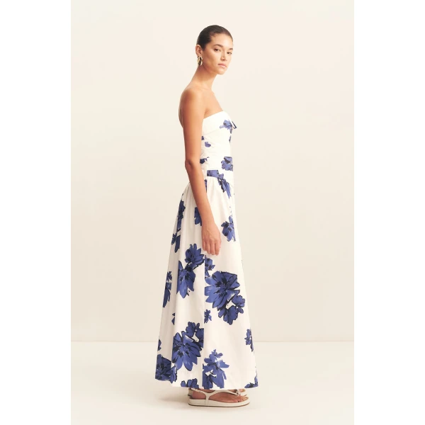 Strapless draped maxi dress in the floral midnight wallpaper print in an organic cotton poplin.