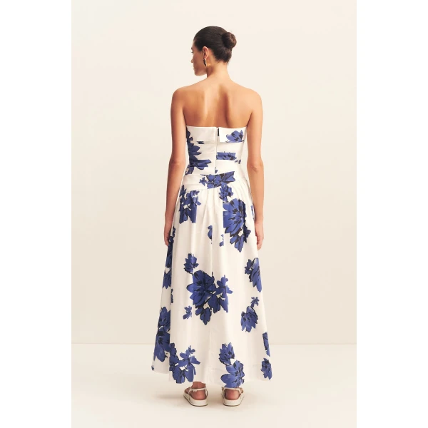 Strapless draped maxi dress in the floral midnight wallpaper print in an organic cotton poplin.